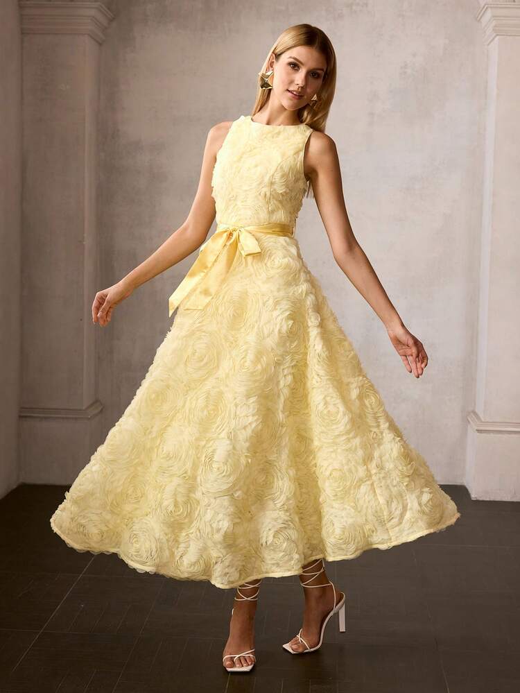 WOMEN'S SLEEVELESS ROMANTIC TEXTURED SATIN BELTED MIDI DRESS