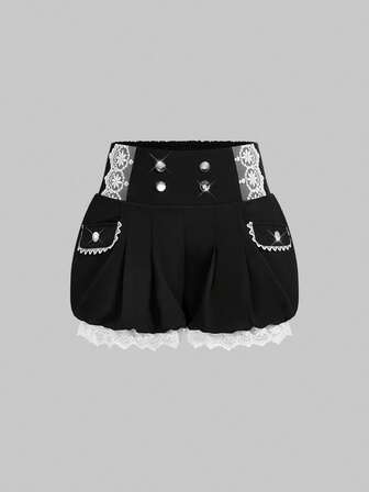 Kawaii شورت نسائي قصير مزين بالدانتيل والرقعات