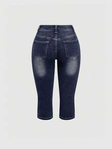 ROMWE Fairycore Women Y2k Summer Retro Dragonfly Embroidery Capri Super Low Waist Jeans - Blue - View 2