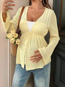 SHEIN Spring Women Maternity Casual Solid Color Drawstring Waist Flare Sleeve Cardigan