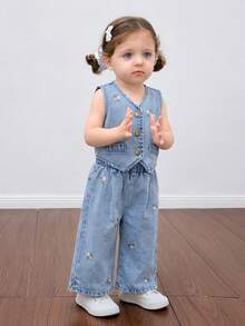 SHEIN Bộ đồ HEIN 2 món cho bé gái gồm áo yếm và quần cạp chun, đồ mặc nhà phong cách boho thường ngày, đồ tốt nghiệp/dự tiệc/kỳ nghỉ, đồ mặc mùa thu thoải mái và dễ chịu cho bé. - Màu xanh lam - Xem 4