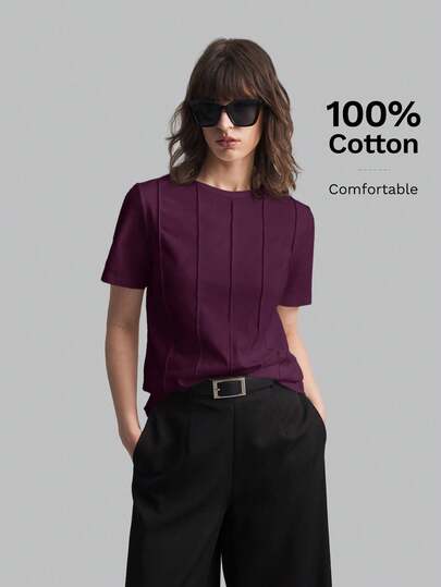 Ontre Camiseta de manga corta de cuello redondo minimalista de unicolor para mujer, camiseta holgada casual para el transporte urbano, casual de negocios, invitado de boda, primavera