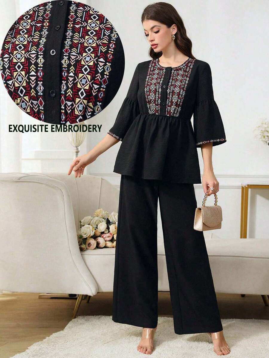 Al Najma Conjunto de top de muñeca con mangas de campana 3/4 y pantalones anchos de pierna ancha con bordado geométrico, estilo árabe, para primavera/verano/otoño - Negro - Ver 1