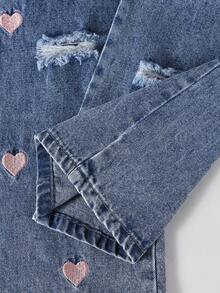 Quần jeans phong cách Y2K cho bé gái tuổi teen, màu xanh lam trung bình cổ điển với họa tiết thêu trái tim màu hồng, thiết kế rách rưới, ống quần rộng thẳng, chất vải mềm mại và thoải mái, thời trang đường phố, quần denim cho bé gái. - Rửa trung bình - Xem 4