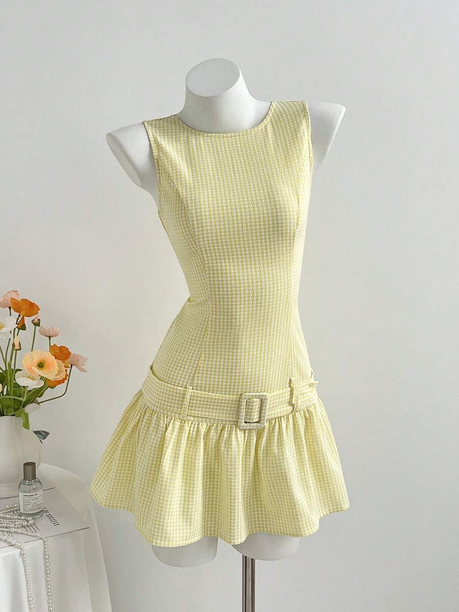Elamini Women's Yellow Plaid Sleeveless Round Neck Fitted A-Line Short Dress With Belt, Fashion Versatile Basic Casual Street School Style, Spring/Summer Back To School Season - Yellow - View 1