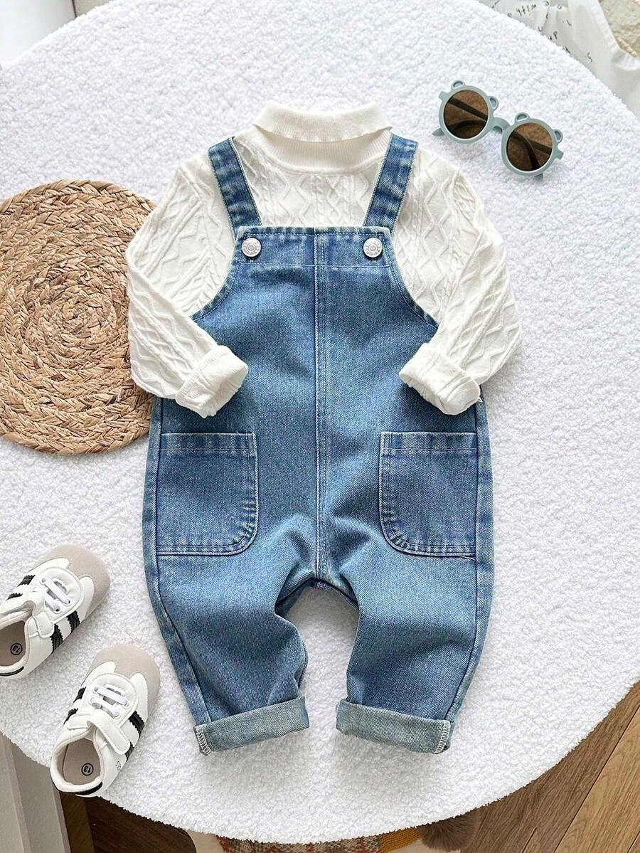 Playful Pals 男婴中度水洗牛仔休闲背带裤，可爱时尚，适合日常、度假、上学、聚会等各种场合，采用柔软棉质牛仔布制成，肩带可调节，秋冬新品 - 中等水洗藍 - 查看 1