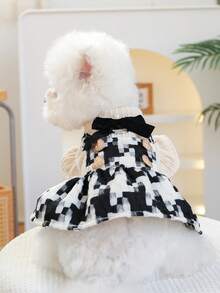 PETSIN 1pcAutumn Winter Pet Plaid Tweed Dress - Heart Decor & Velvet Bow For Small Dogs & Cats - Black and White - View 5