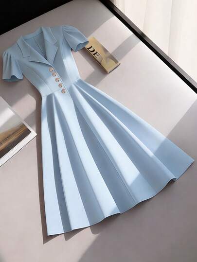 Franclia Women's Summer Comfortable, Elegant, Sophisticated, Simple Collared Short-Sleeved Single-Breasted Long Open-Front Dress With Gold Decorative Buttons And A Fitted Waist