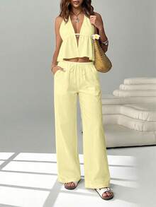 SHEIN EZwear Women's Striped Print Halter Top And Wide Leg Pants Set,Butter Yellow,Spring Outfit Women,Summer ,Going Out Set For Women,Vacation Outfits Women - Multicolor - View 5