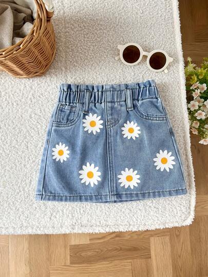 LMoss Kids Baby Girl White Floral Pattern Blue Denim Mini Skirt,Summer Outfits,Casual And Fashionable Vacation Outfits,Street Wear,2000s Style ,Comfortable And Soft Denim,Comfortable And Soft Denim Pant,Cute Vacation Print   Skirt