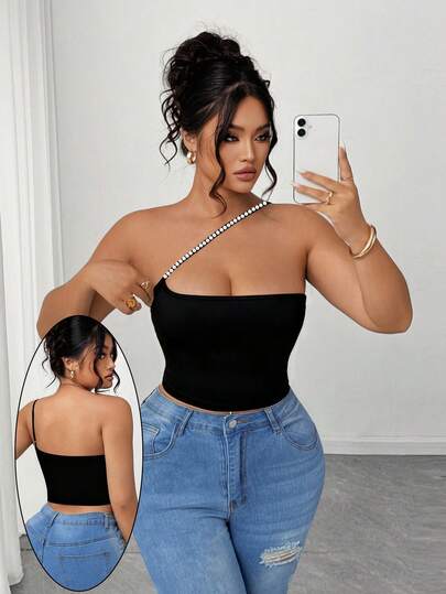 Elenzga Plus Size Women's Fashionable Sexy Elegant Pearl Embellished Cropped Top