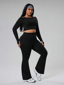 Gameset SHEIN Sport Damen Große Größen nahtloses Camisole Langarm Top und weite Hose Set - Schwarz - Übersicht 4