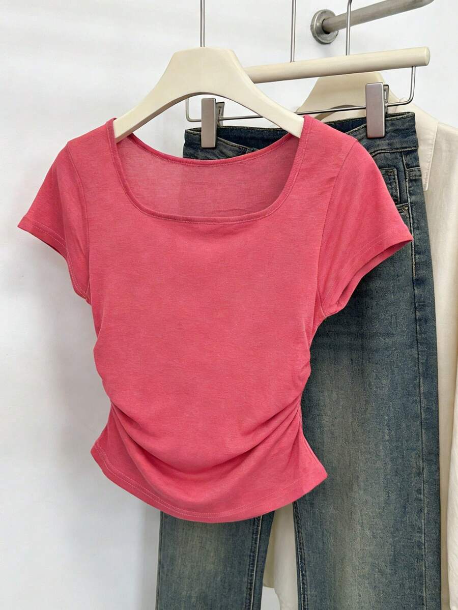 Resyla 219# Camiseta de mujer de manga corta con ajuste slim, tejido de bambú de 140 costillas, color #29 - Rosado Sandía - Ver 1