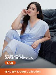 LUVLETTE Super Soft TENCEL™ Modal Lace Insert Long Women Airy Pajama Set Lounge Sets For Women Sky Blue Lingerie - Baby Blue - View 1