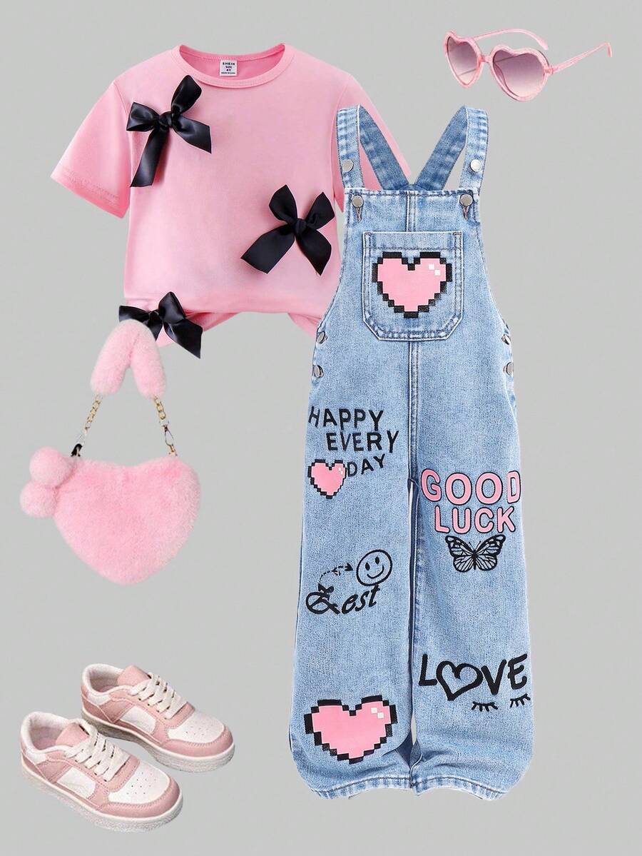 SHEIN Young Girl Butterfly Embroidery & Letter Print Casual Denim Bib Pants - Light Wash - View 1