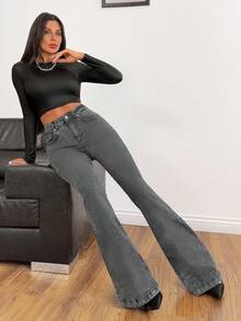 98%Cotton Grey Slim Fit Flared Jeans - Grey - View 5