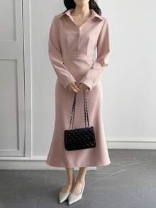 DAZY Elegant French Style Cinched Waist Mid-Length Dress For Women - Baby Pink - View 4