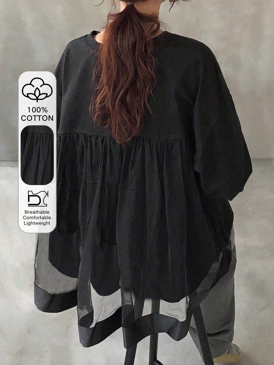 FRIFUL 女士宽松圆领长袖黑色纯色透视网纱拼接后背休闲T恤，秋季百搭 - 黑色 - 查看 1