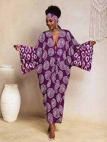 BamGleam Sexig klänning med geometriskt tryck och djup V-ringning för kvinnor, fladdermusärm - Blåröd - Visa 4