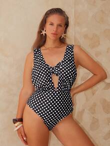 Swim Chiccia Bộ đồ bơi liền thân cỡ lớn họa tiết chấm bi, thời trang, gợi cảm, có dây đeo rời. - màu đen - Xem 4