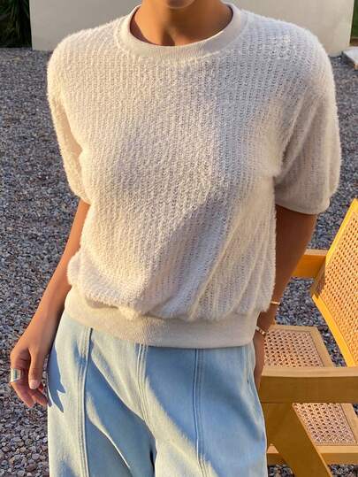 Livesso Women's Casual Textured Fabric Round Neck Short Sleeve T-Shirt