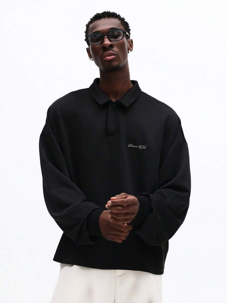 SUMWON Oversized Embroidered Long Sleeve Polo Shirt With Collar For Men Fall Winter Casual Wardrobe Essential Plain