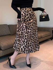 Dazy Tall Tall Women's Leopard Print Skirt, Elegant Straight Long Skirt - Brown - View 4