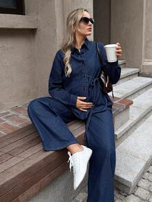 SHEIN Maternity Simple Solid Color Long Sleeve Top And Jeans Two Pieces Set, Casual Everyday Wear Spring Christmas New Year Thanksgiving Commuting Vacation Graduation Chic Y2k Cute Streetwear Coquette Party Wedding Elegant Business Casual Woman - Blue - View 6