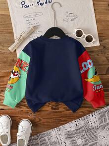 LOONEY TUNES X SHEIN Young Boy Colorblock Cartoon & Letter Graphic Crew Neck Long Sleeve Sweatshirt - White - View 2