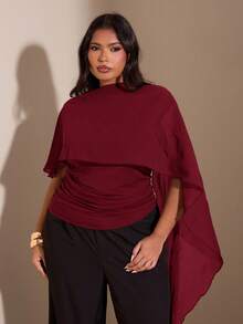 SHEIN BAE Plus Size Asymmetric Shoulder Strap Design Fitted Slimming Top - Burgundy - View 6