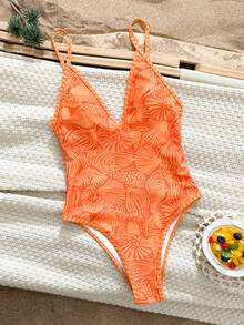 Swim Mod Women's Adjustable Spaghetti Strap Backless High Leg One-Piece Printed Swimsuit, Suitable For Vacation