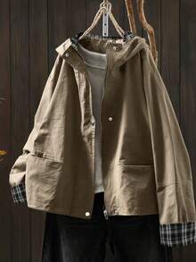 Linhara Plus Size Solid Color Minimalist Casual Hooded Long Sleeve Jacket Summer Jacket Plus Size Shackets For Women Jackets For Women Casual Oversized Jacket Womens Jackets - Khaki - View 1