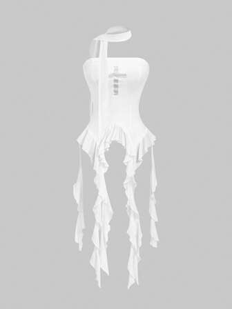 Kawaii Débardeur ajusté à volants asymétriques avec imprimé croix pour femmes