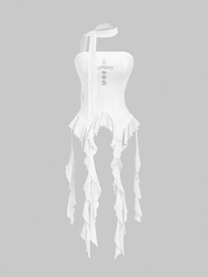 Kawaii Camiseta ajustada con estampado de cruz, volantes asimétricos y bajo con volantes para mujer