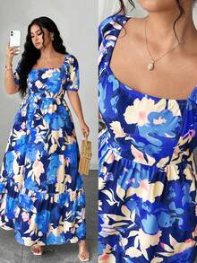 Elenzga 大码女装夏季新款复古印花中长连衣裙，欧美时尚海滨度假风，法式优雅，方领收腰显瘦喇叭裙摆长款连衣裙 - 彩色 - 查看 1