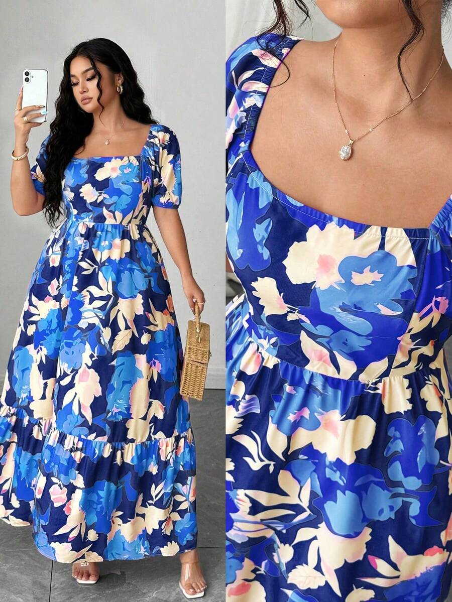 Elenzga 大码女装夏季新款复古印花中长连衣裙，欧美时尚海滨度假风，法式优雅，方领收腰显瘦喇叭裙摆长款连衣裙 - 彩色 - 查看 1