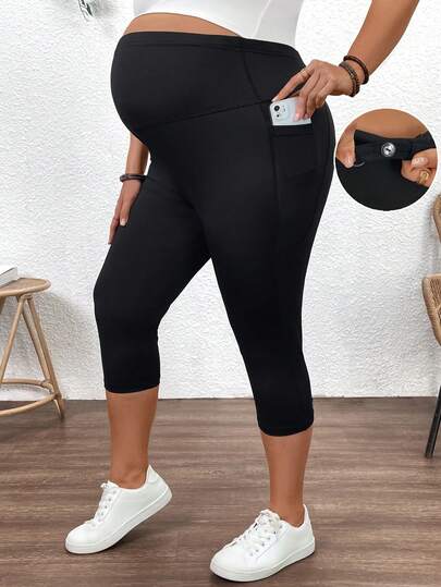 SHEIN Plus Size Maternity Casual Everyday Commute Solid Color Adjustable Waist 7/8 Length Leggings Maternity Leggings Curve Maternity Clothes