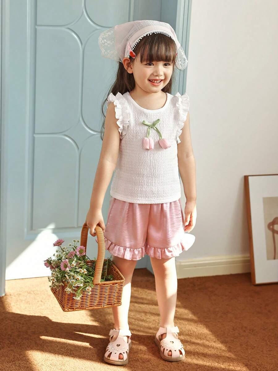 SHEIN Setelan Baju Bayi Perempuan (Ukuran Kecil) Rajut Jacquard Warna Krem dengan Hiasan Rumbai dan Celana Pendek Warna Pink dengan Hiasan Rumbai, Pakaian Musim Panas Bayi yang Lucu dan Menggemaskan - Berwarna merah muda - View 1