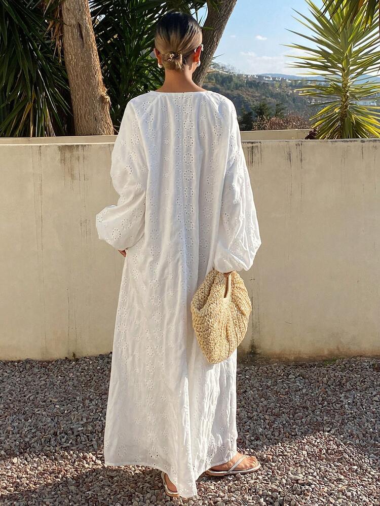 Vestido holgado de media longitud con cuello en V hueco de encaje para mujeres, vestido de playa bohemio para vacaciones - Blanco - Añade 2