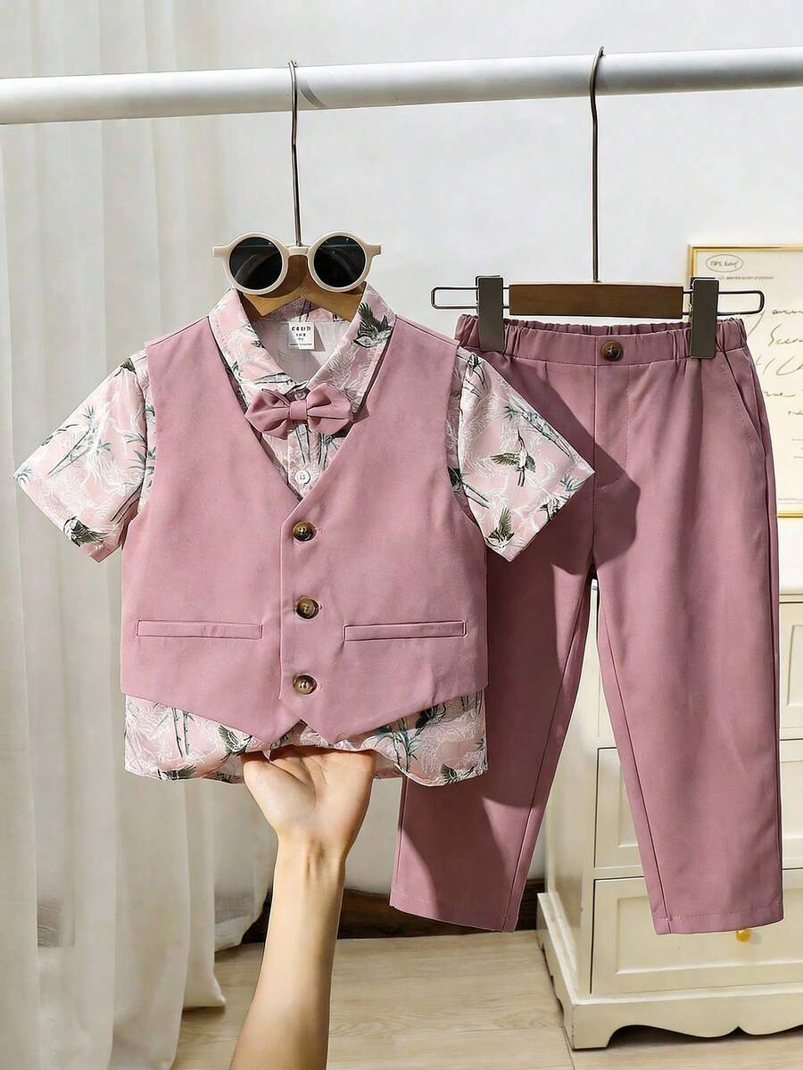 SHEIN 3pcs Young BoyElegant Fitted Bow Tie Shirt, Vest And Pants Set - Pink - View 1