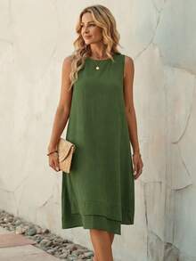 Faunlyn 女士夏季休闲无袖圆领 A 字连衣裙 - 綠色 - 查看 6