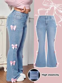SHEIN MOD Blue Plus Size Jeans High Stretch Denim Pink Bow Sweet Jeans Valentine Jeans Slimming Bell Bottoms - Light Wash - View 3