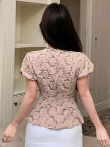 DAZY Women's Elegant Jacquard Round Neck Ruffle Hem Puff Sleeve T-Shirt, Summer - Apricot - View 7