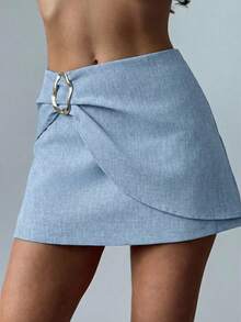 Firerie Women's New Minimalist Elegant Fashion Commuter Metal Accessory Front Wrap Linen Mini Skirt - Blue - View 4