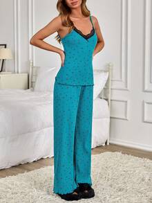 EURMUSE Contrast Lace Detailed Relax Sexy PJ Set - Teal Blue - View 3