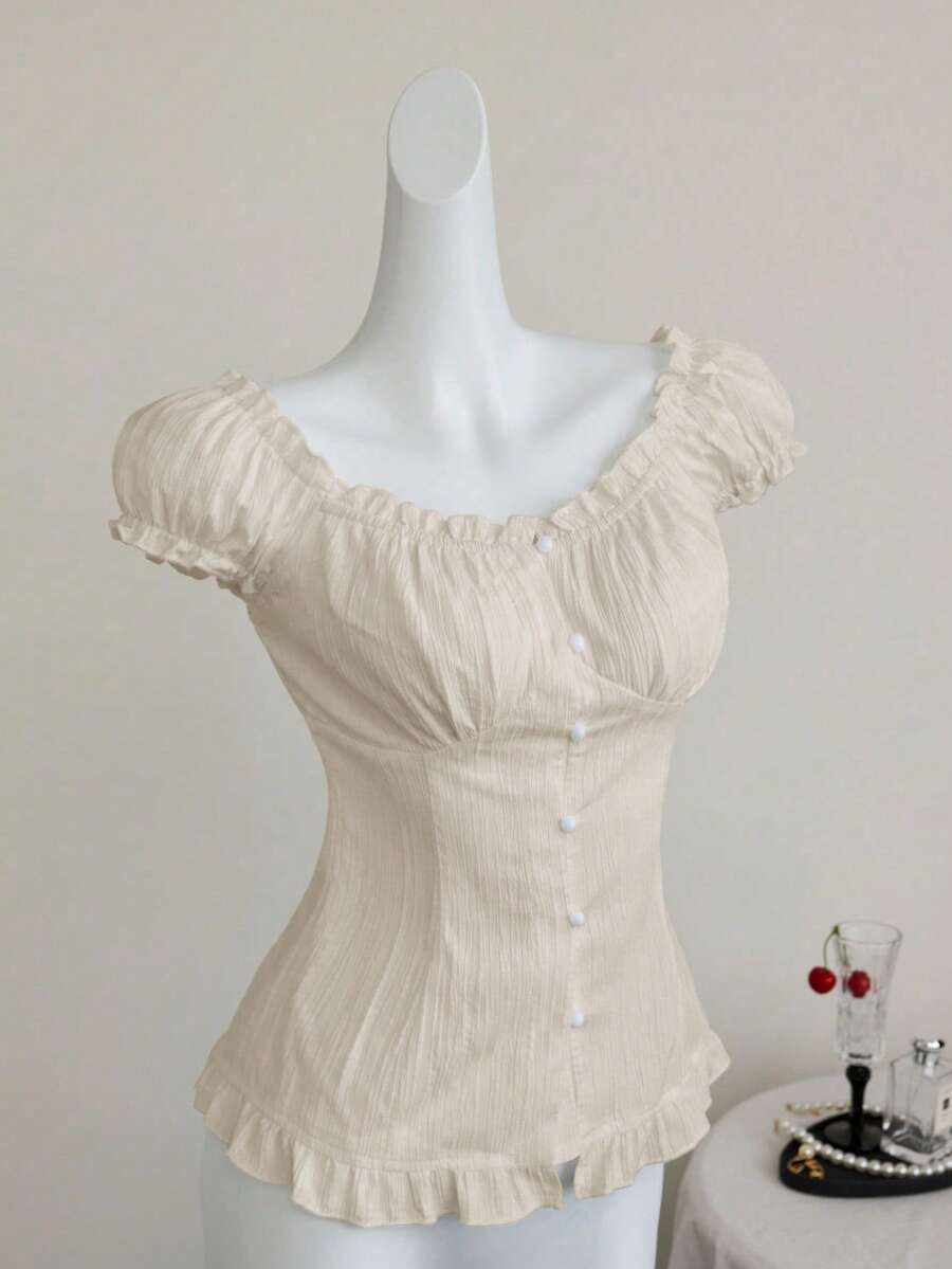 SHEIN Unity 白色性感露肩泡泡袖荷叶边修身衬衫，显瘦，适合春夏度假穿着 - 杏色 - 查看 1