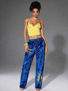 Y2Kool Maria Clara Maia 女士蓝色字母龙印花新款中国风抽绳腰休闲裤，适合春季Y2K风格嘉年华服装 - 藍色 - 查看 1