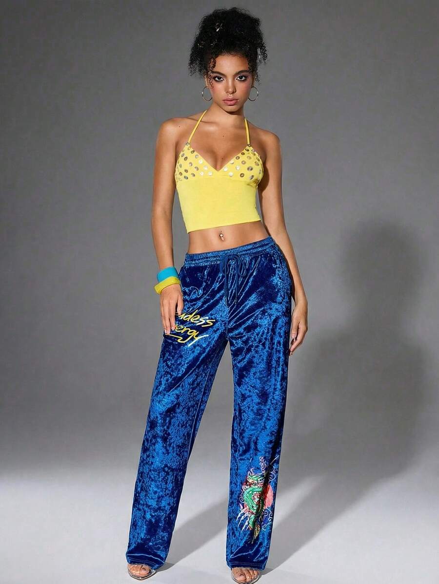 Y2Kool Maria Clara Maia 女士蓝色字母龙印花新款中国风抽绳腰休闲裤，适合春季Y2K风格嘉年华服装 - 藍色 - 查看 1