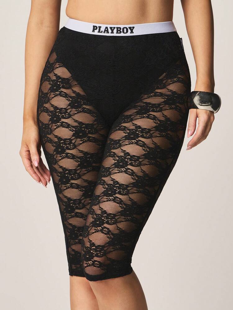Missguided x Playboy Branded Knee Length Lace Capri Leggings With High Rise Waistband And Sheer Floral Pattern For Layering, Vacation
