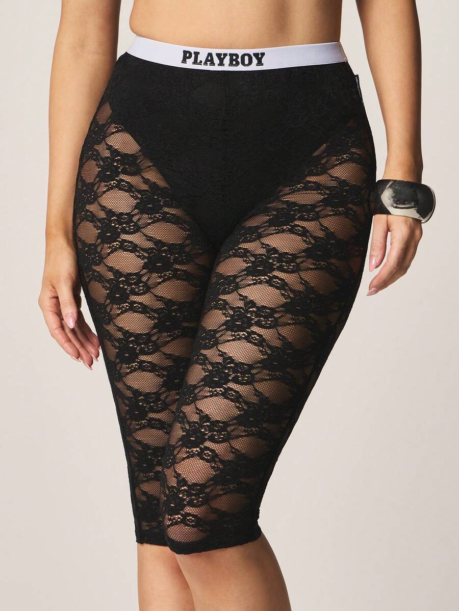 Missguided x Playboy Branded Knee Length Lace Capri Leggings With High Rise Waistband And Sheer Floral Pattern For Layering - Black - View 1